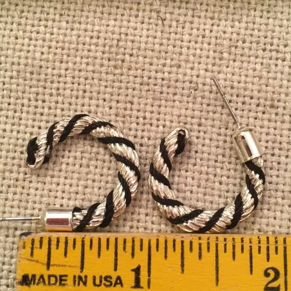 Silvertone Twisted Earrings with Black Cord